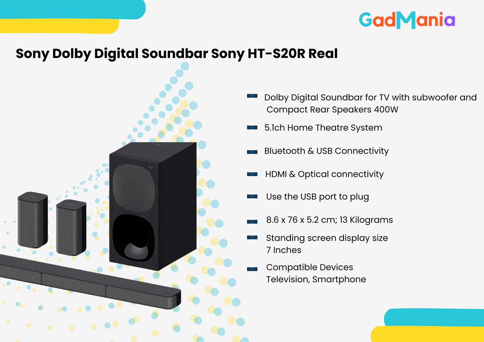 Sony 5.1ch Dolby Digital Soundbar for TV with sub woofer and Compact Rear Speakers